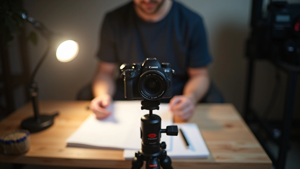 Professional setup showing camera position at eye level with script notes beside
