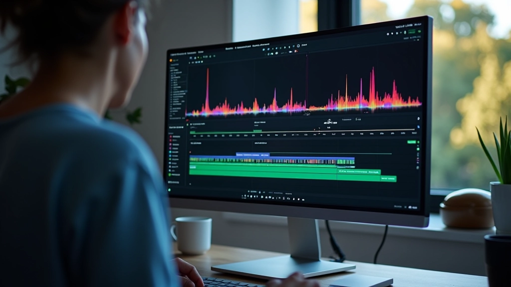 Close-up van video timeline op computer scherm met meerdere audio en video tracks zichtbaar
