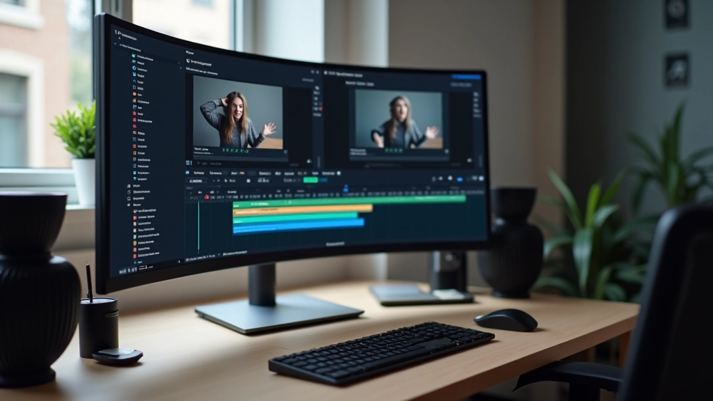 Monitor toont video bewerking software met timeline en clips