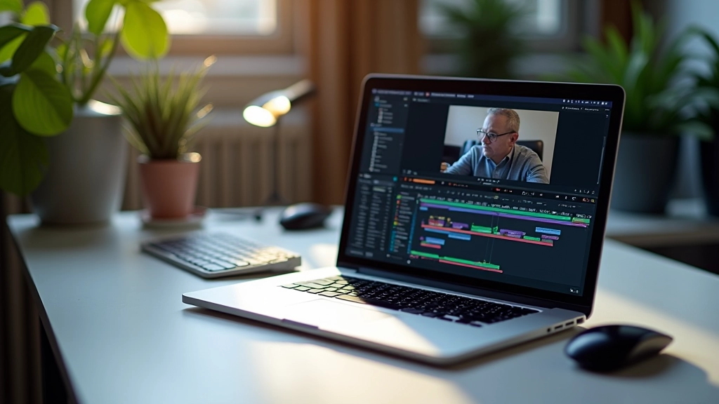 Laptop scherm toont videobewerking software met meerdere clips