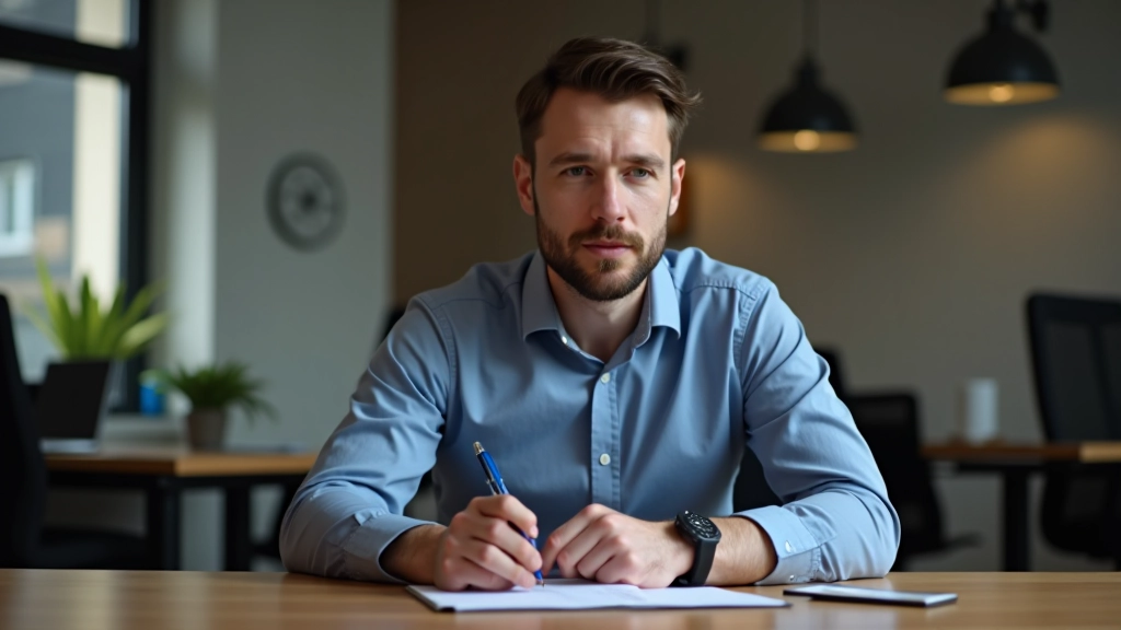 Man zit aan bureau en spreekt in camera met aantekeningen voor zich