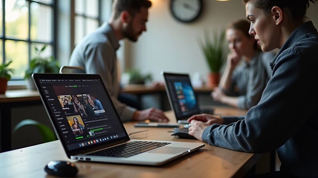 Modern kantoor workspace met laptops en videomateriaal