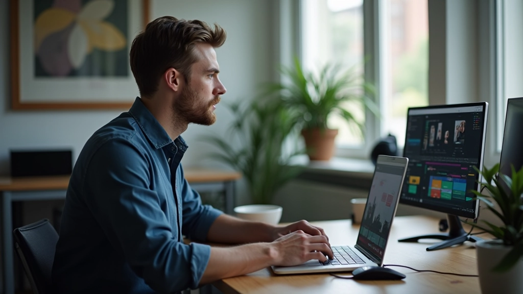 Persoon werkt aan laptop met video editing interface zichtbaar op het scherm in een moderne werkruimte