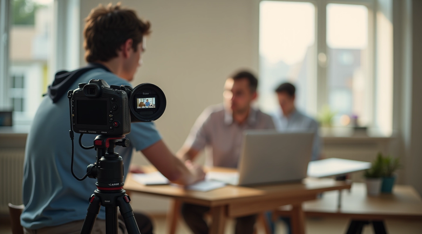 Videocamera op statief in een professionele studio met zachte verlichting