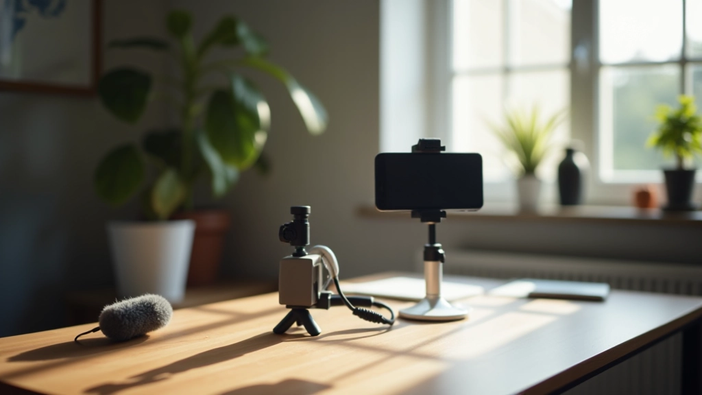 Opstelling van videoapparatuur op een bureau met telefoon op statief en LED-verlichting