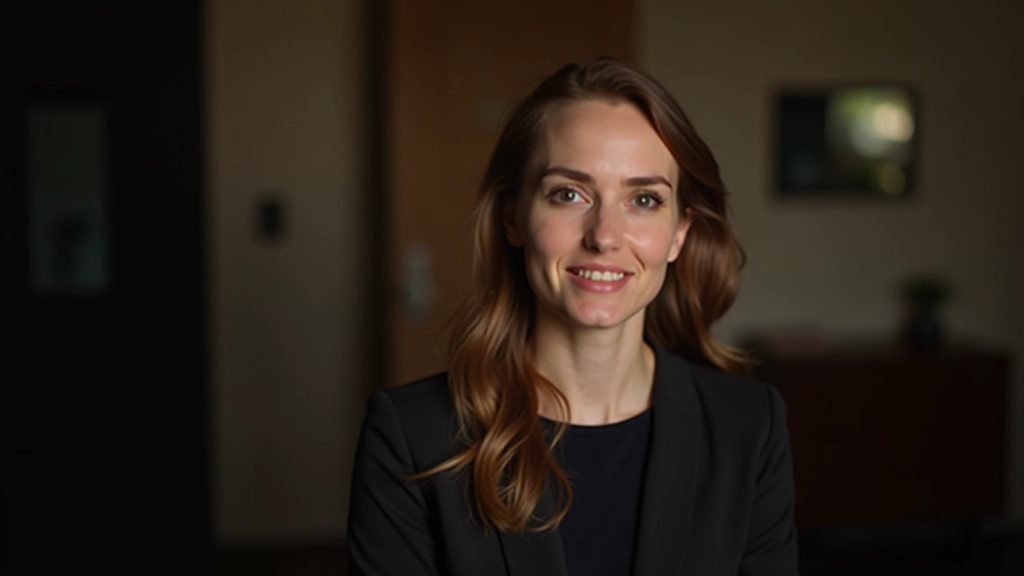 Woman speaking to camera with confident posture and eye contact at studio setup