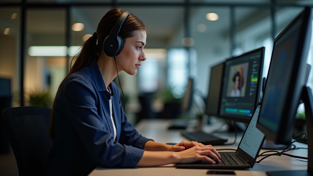 Persoon werkt aan laptop met videomateriaal en koptelefoon op